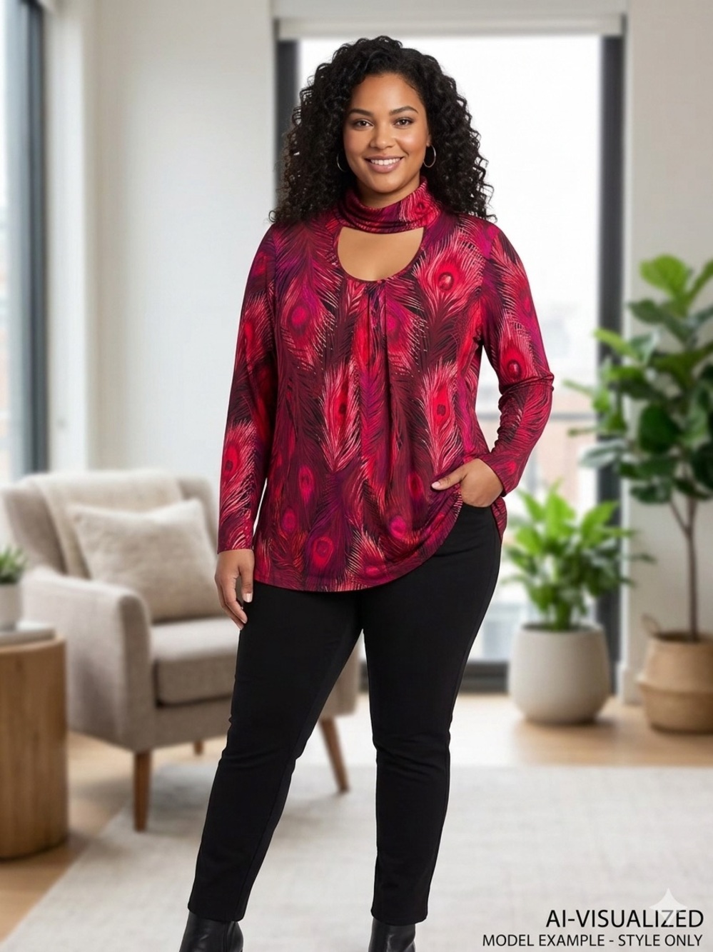 Simonton Says George Simonton Red Peacock Print Cutout Tunic Blouse 1X Plus